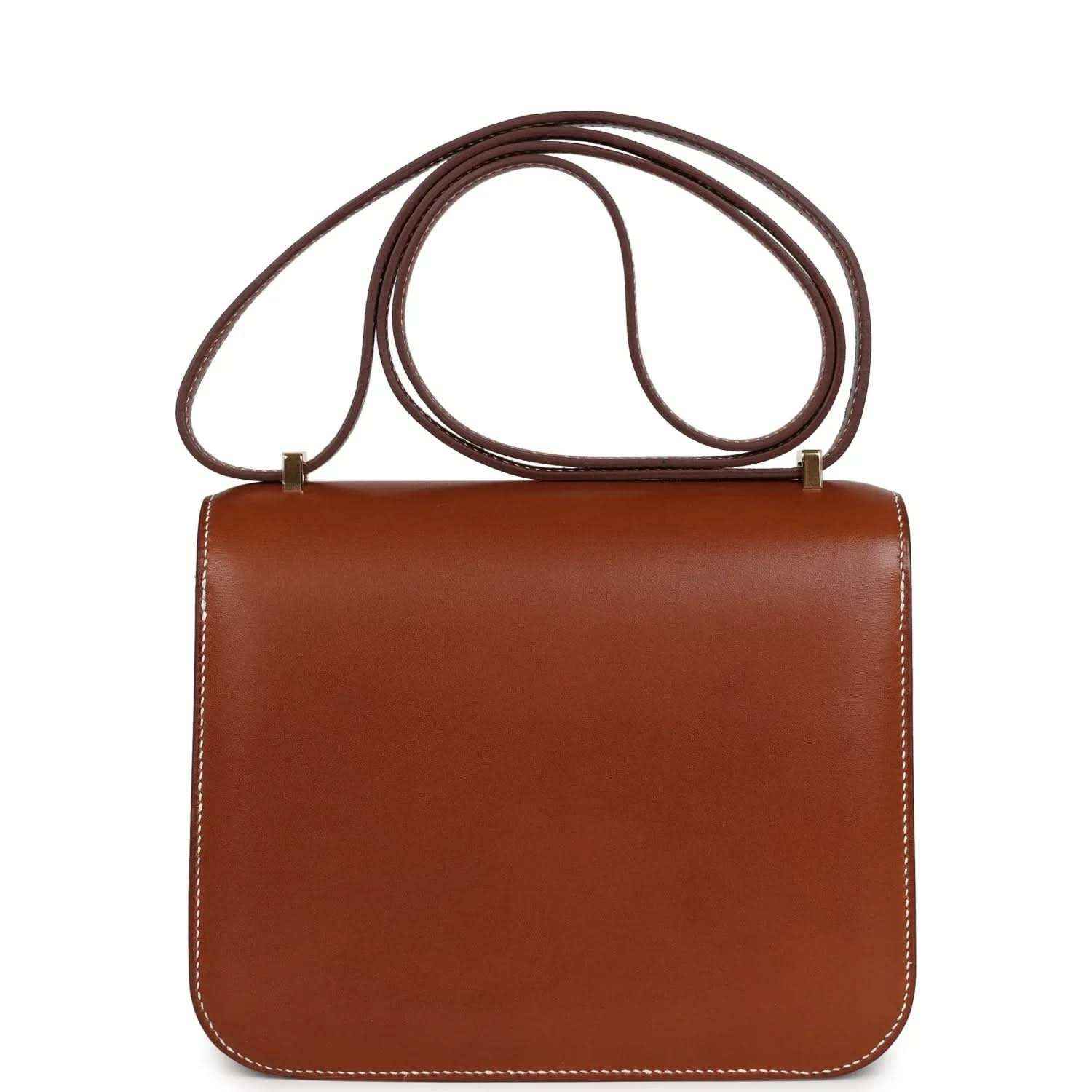 Brown leather Constance-style handbag with top handle straps and front flap