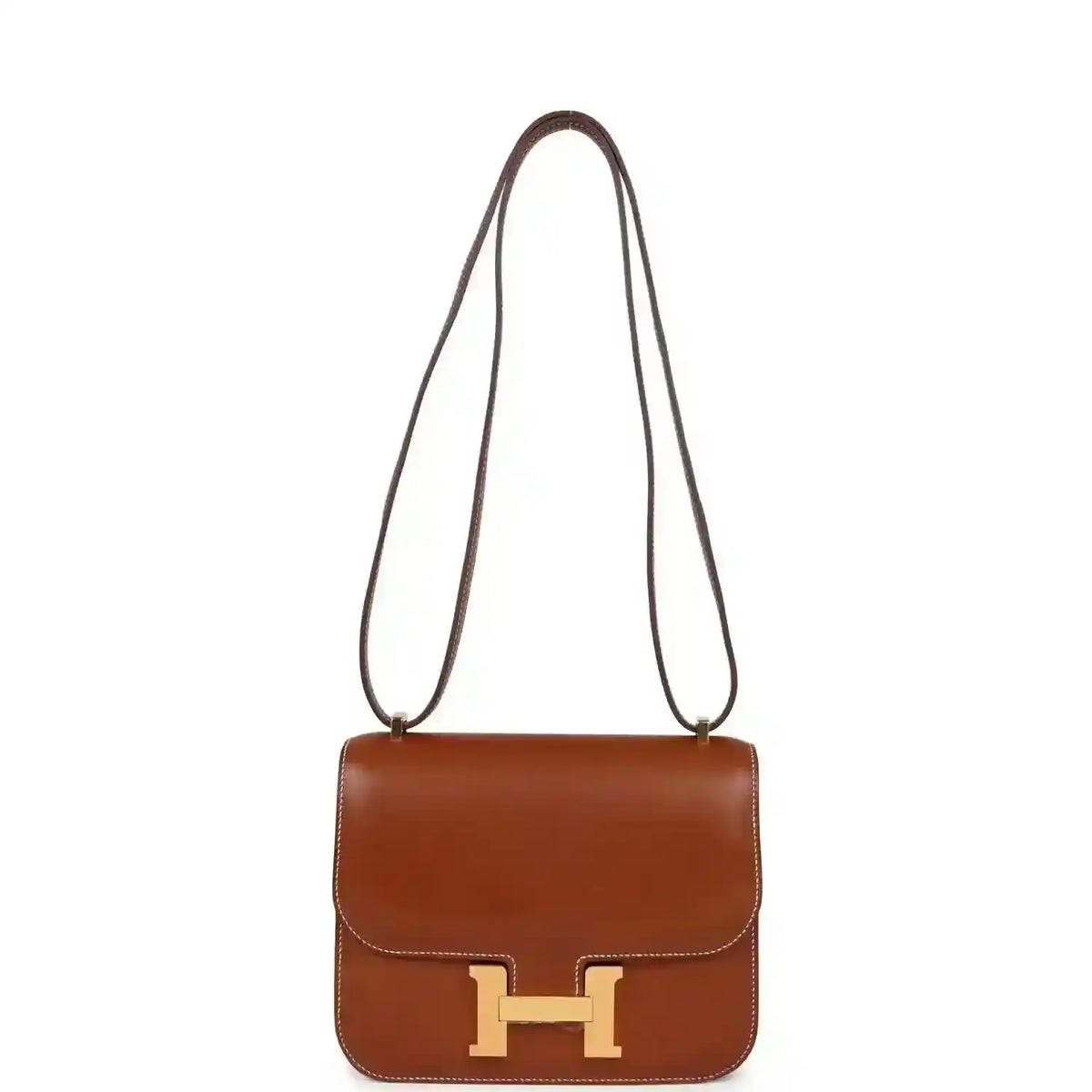 Brown leather crossbody handbag with top handles and gold H clasp