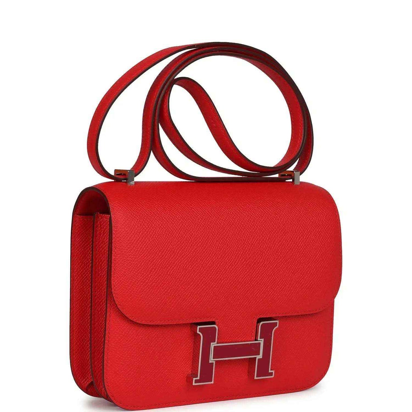 Red leather flap handbag with front H clasp and shoulder strap