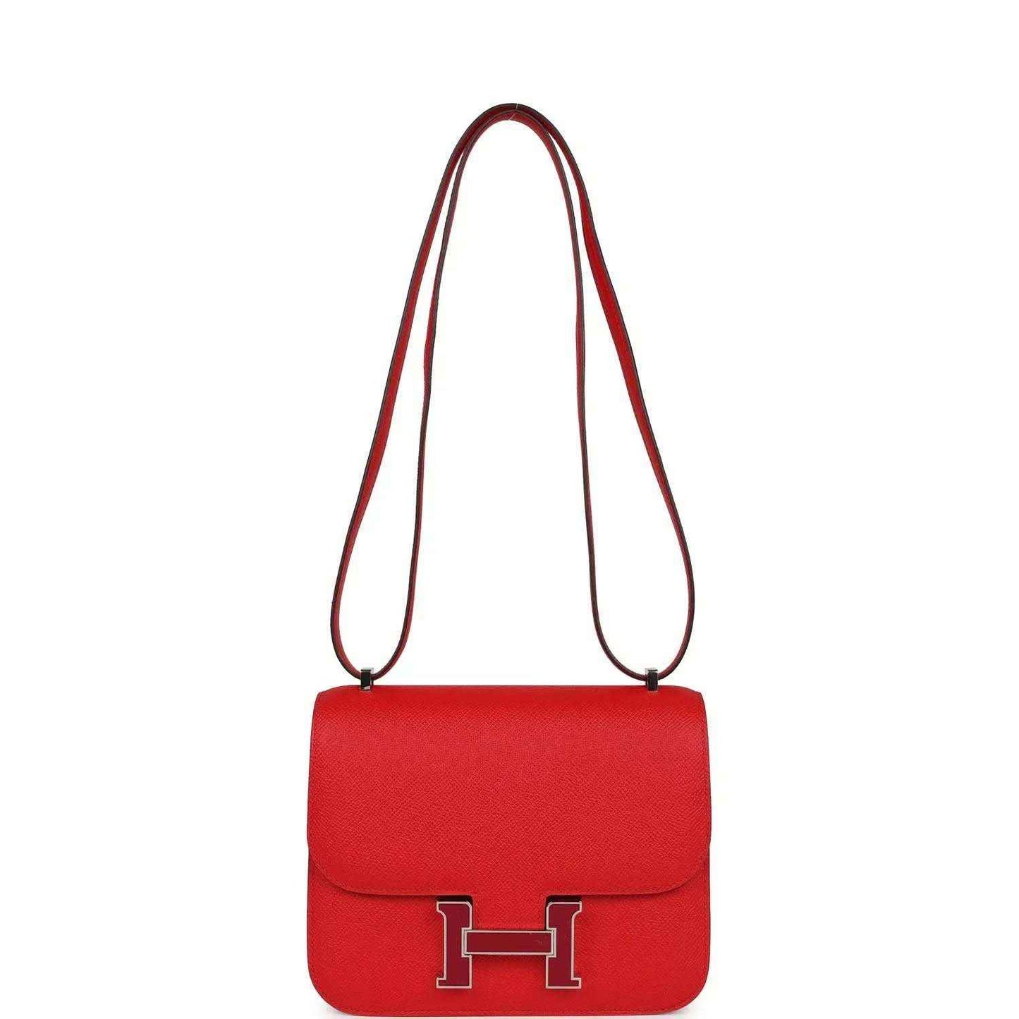 Red leather crossbody handbag with flap and front H clasp