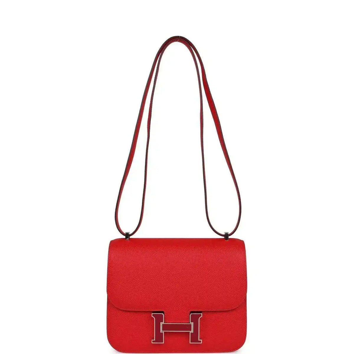 Red leather crossbody handbag with flap and front H clasp