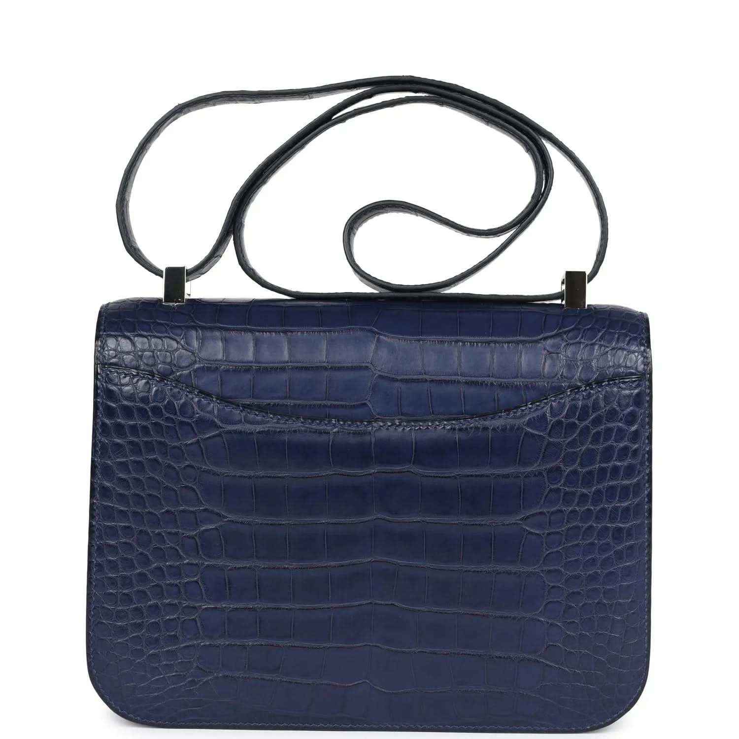 Blue alligator-effect handbag with top handle and plain flap back panel