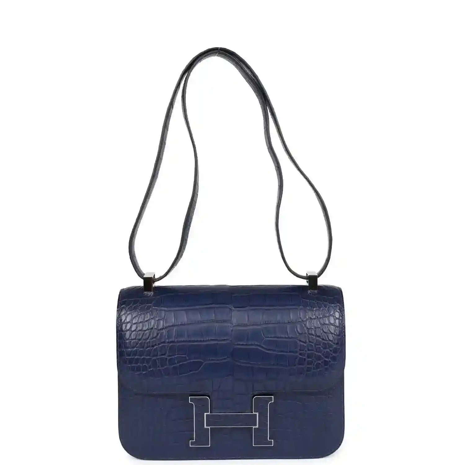 Blue alligator-effect crossbody handbag with long strap and front flap H clasp
