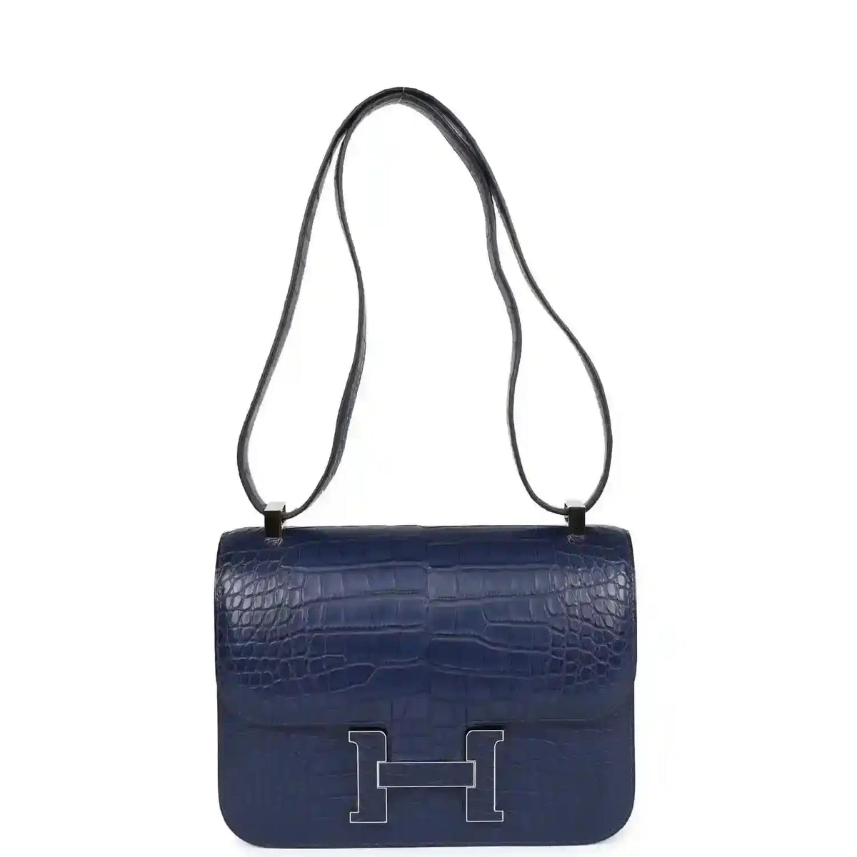 Blue alligator-effect crossbody handbag with long strap and front flap H clasp