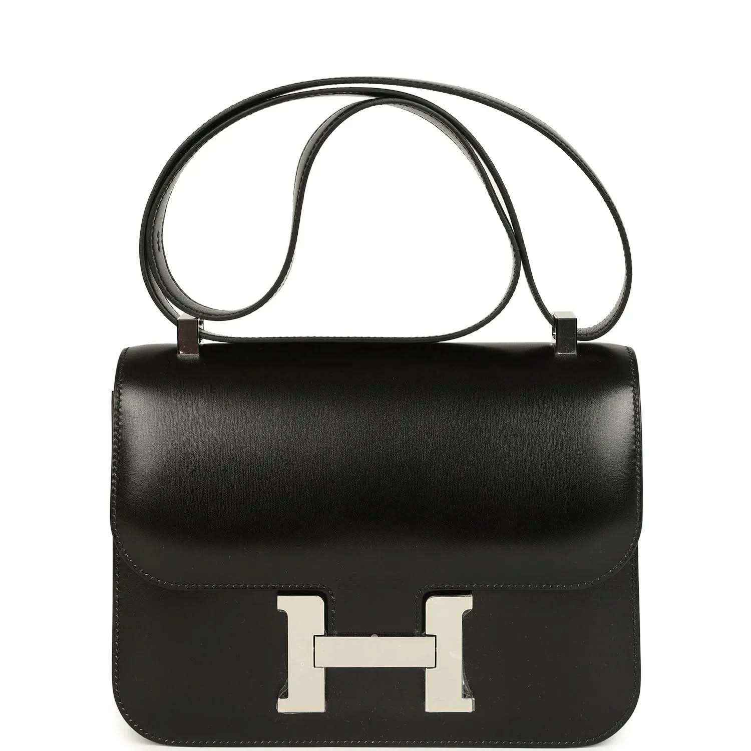 Black box leather shoulder bag with palladium H clasp and top handle, Hermès Constance