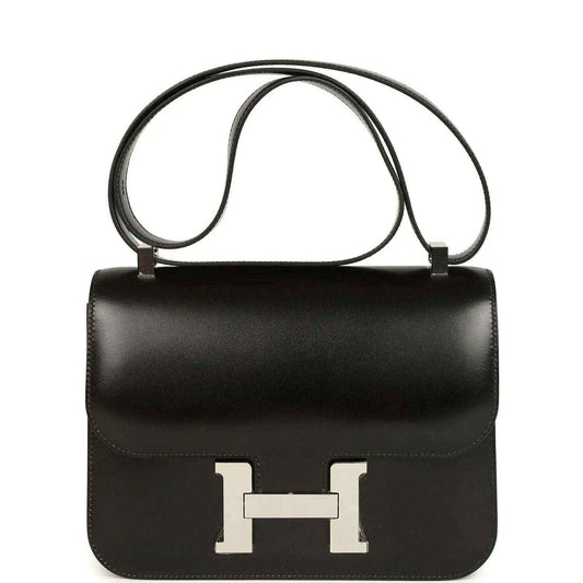 Black box leather shoulder bag with palladium H clasp and top handle, Hermès Constance