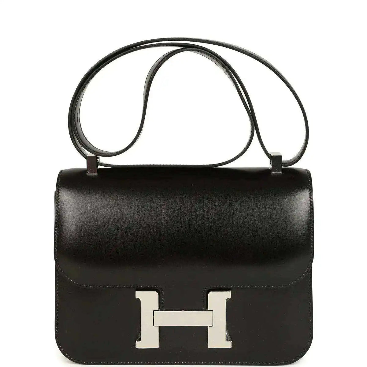 Black box leather shoulder bag with palladium H clasp and top handle, Hermès Constance