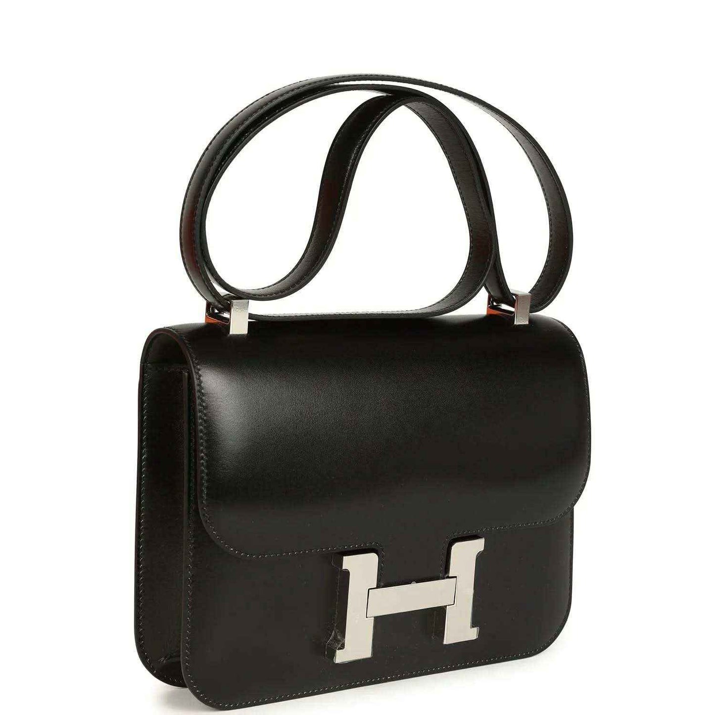Black box leather shoulder bag with flap and palladium H clasp, curved top handle