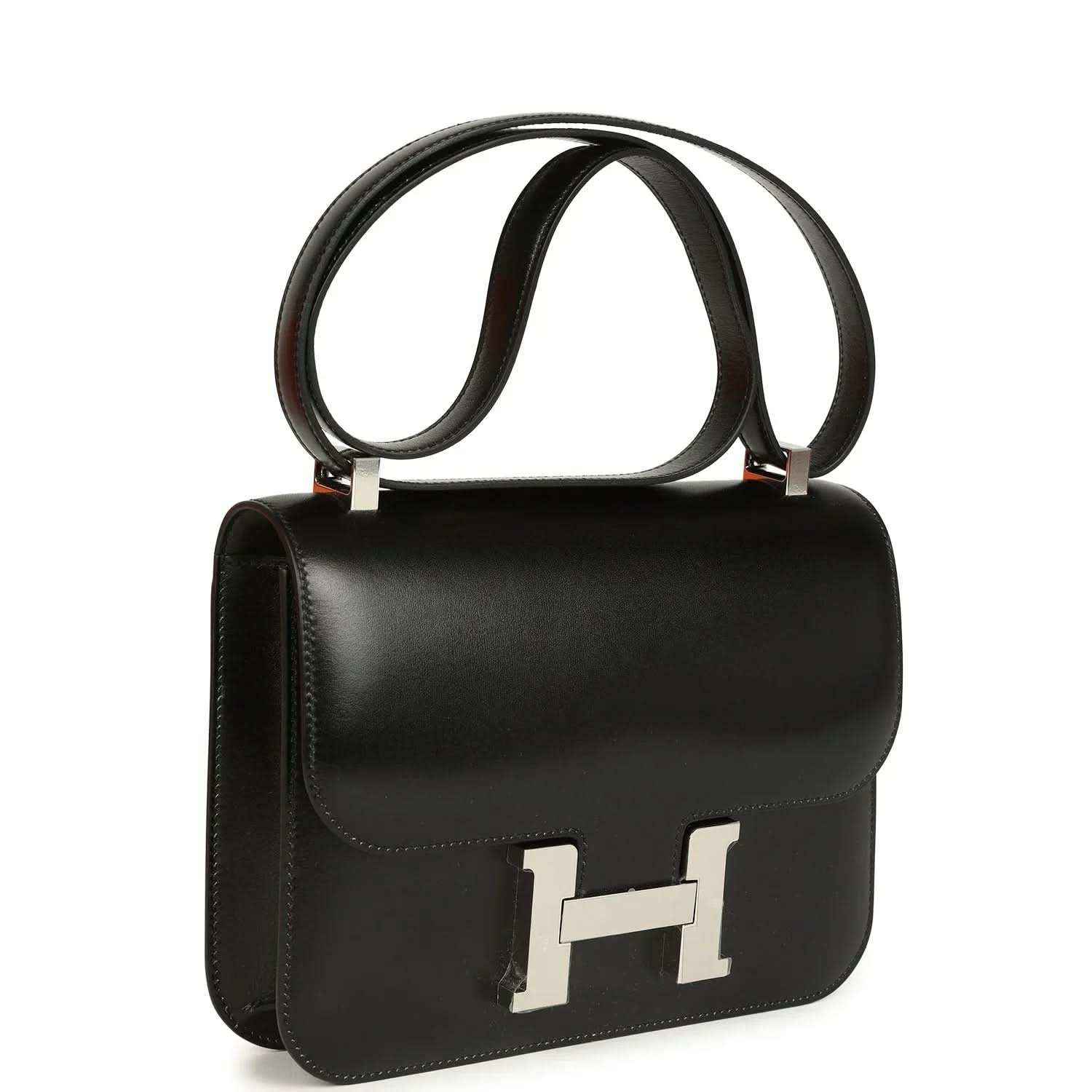 Black box leather shoulder bag with flap and palladium H clasp, curved top handle