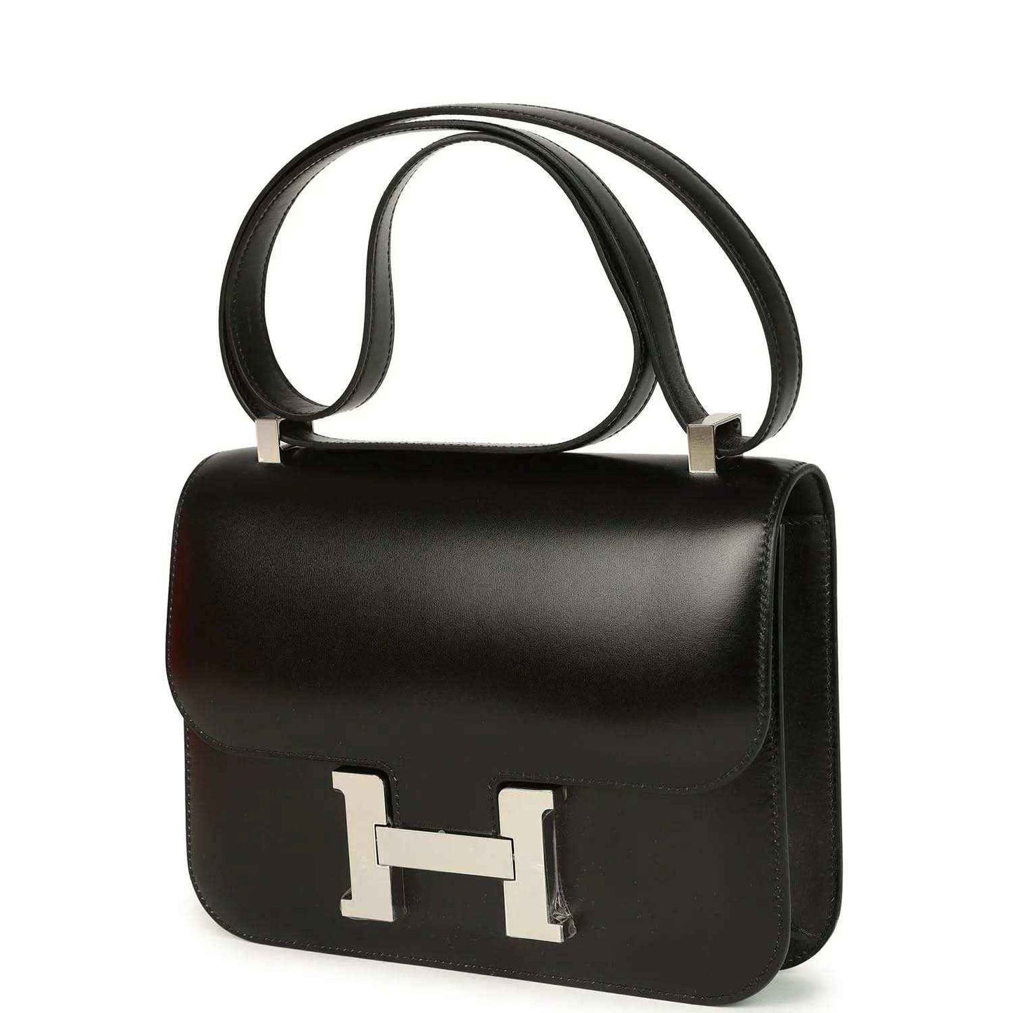 Black box leather shoulder bag with front flap and palladium H clasp, Hermès Constance