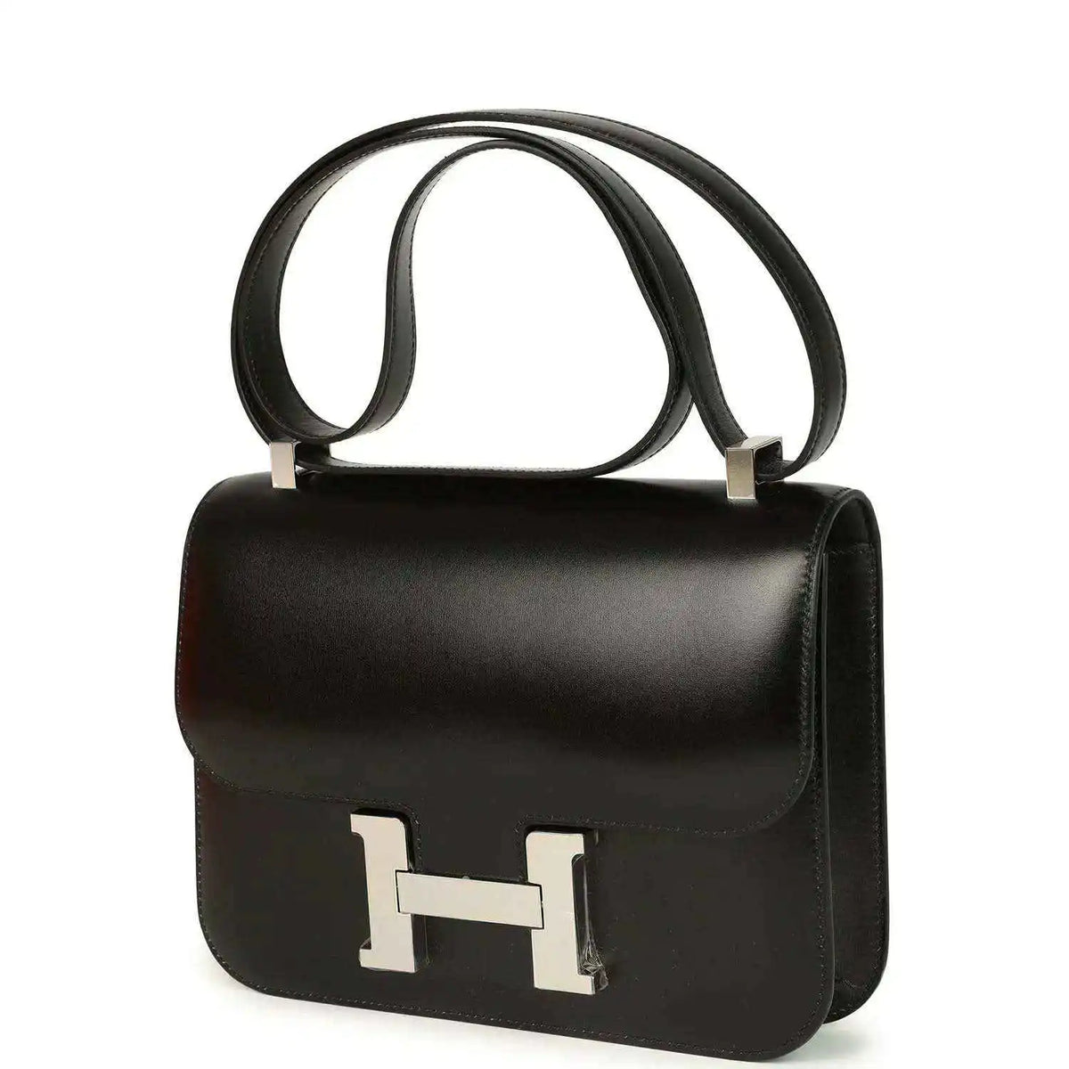 Black box leather shoulder bag with front flap and palladium H clasp, Hermès Constance