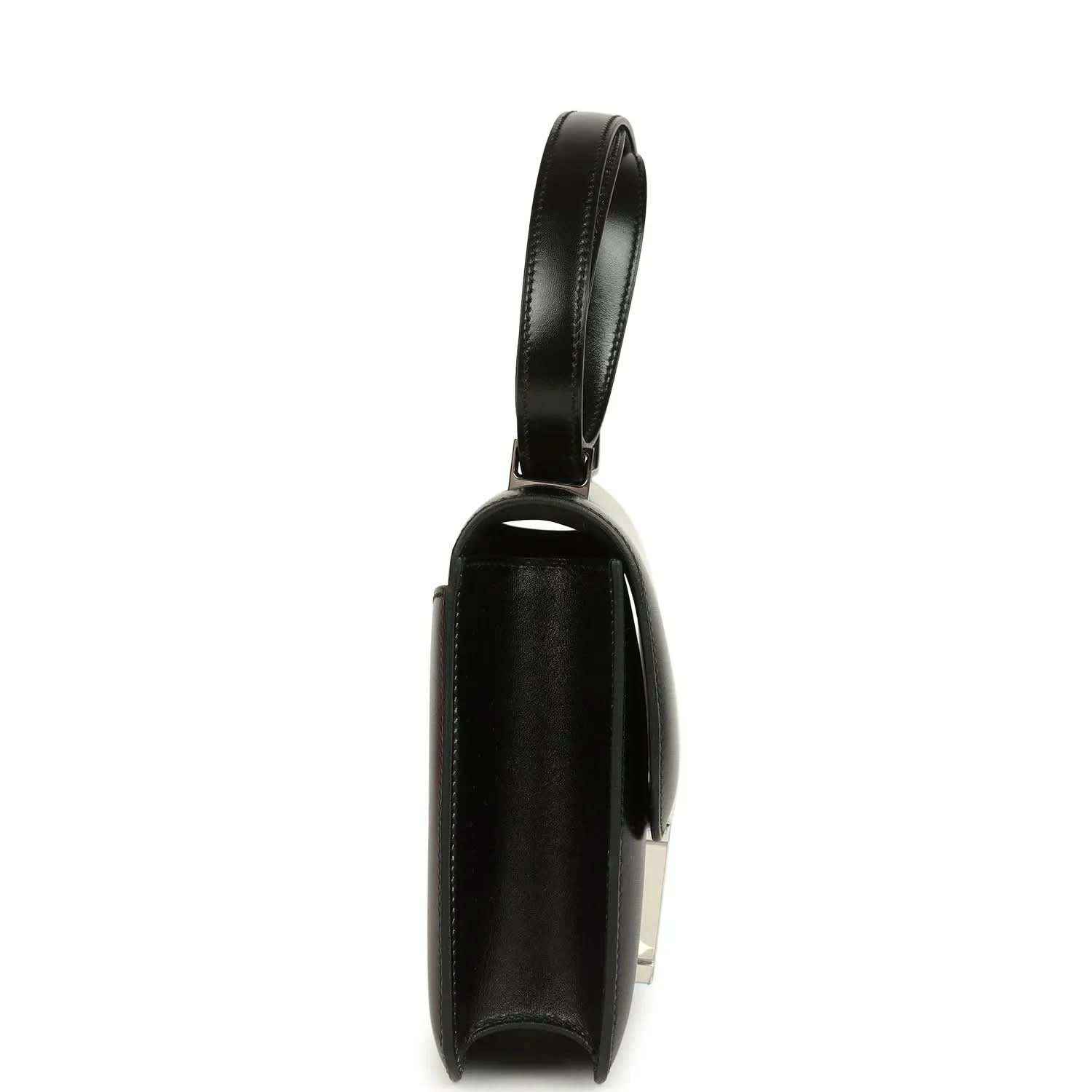 Black box leather shoulder bag with side profile and palladium closure hardware