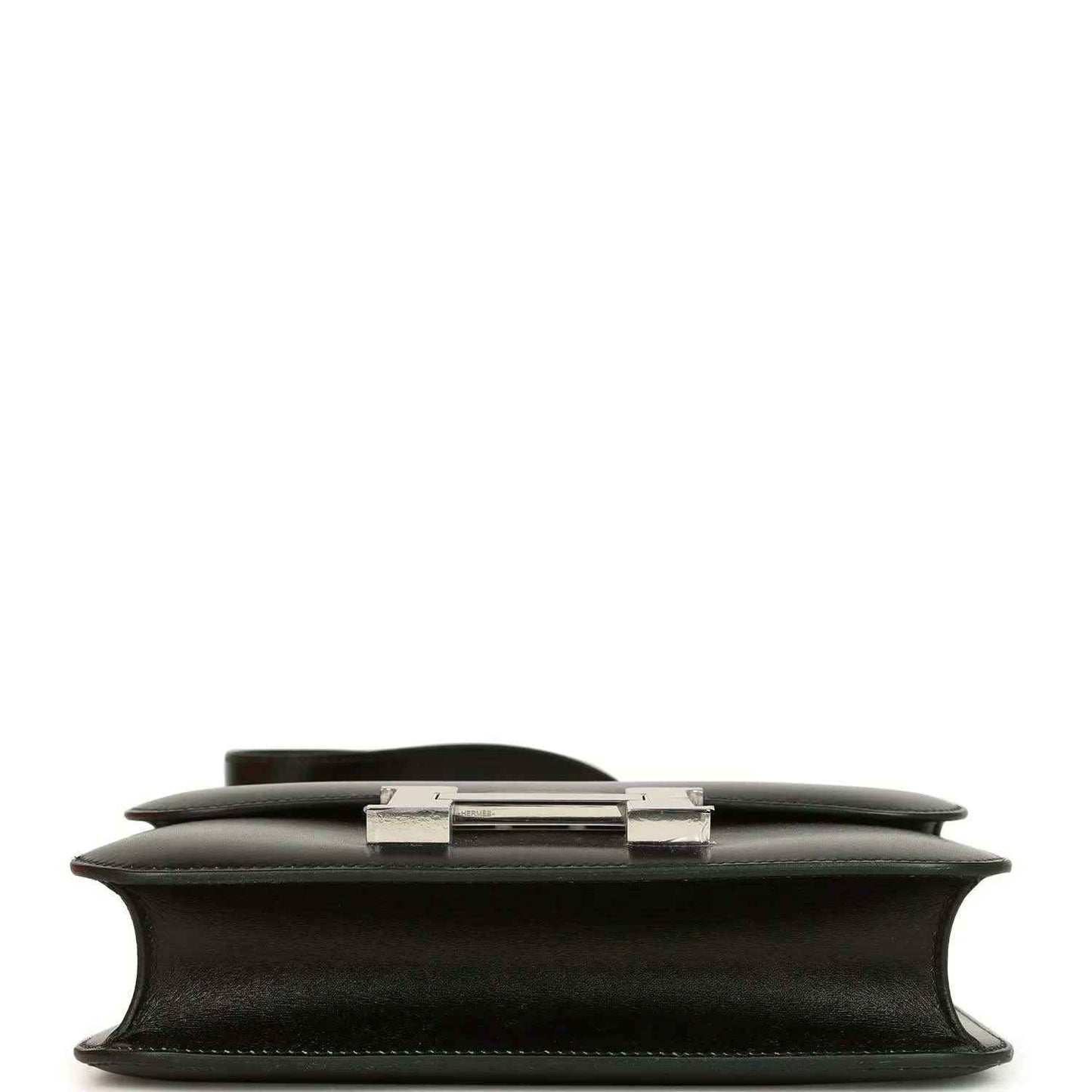 Black box leather shoulder bag base with visible feet and palladium clasp top