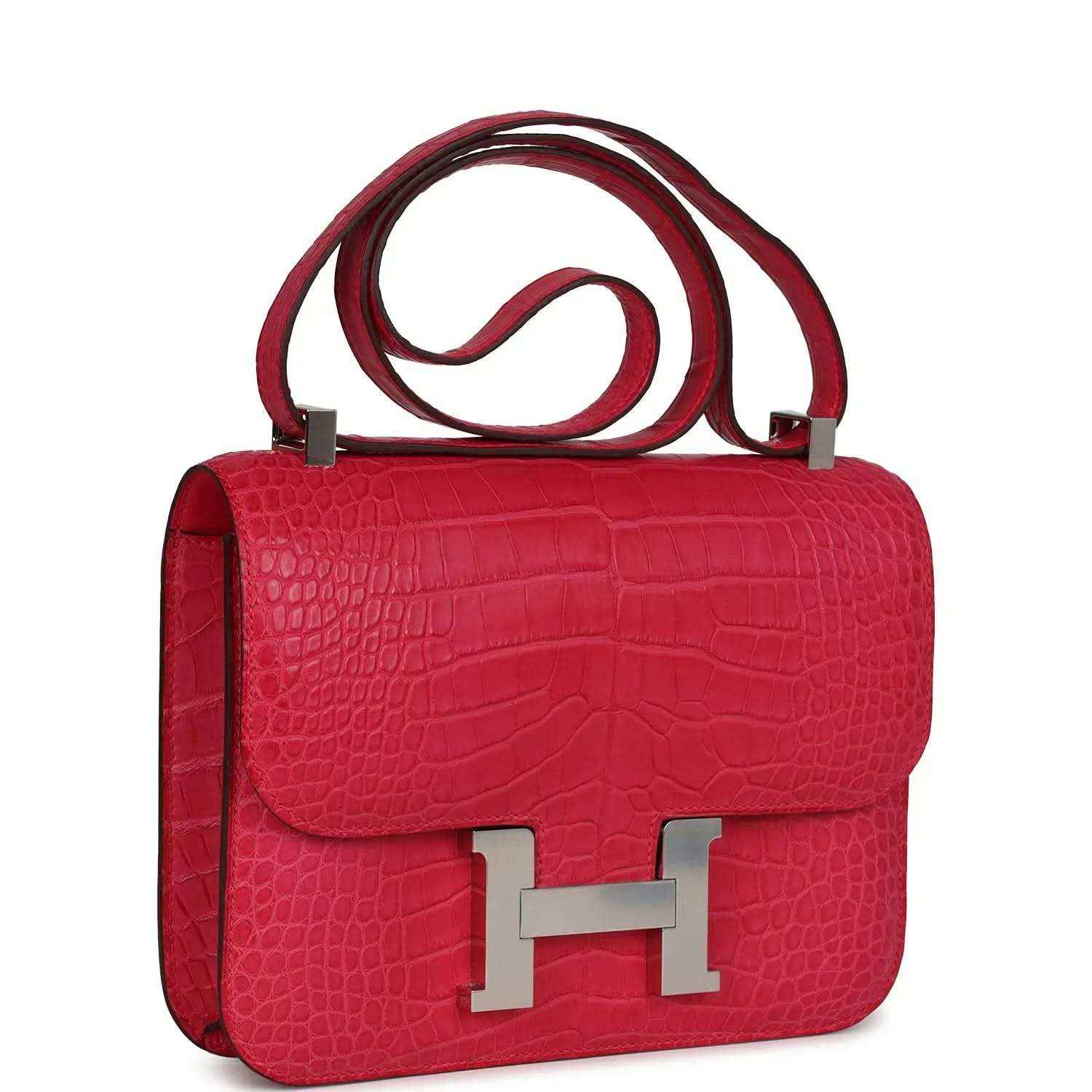 Constance bag, red matte alligator, front flap with palladium H clasp and shoulder strap