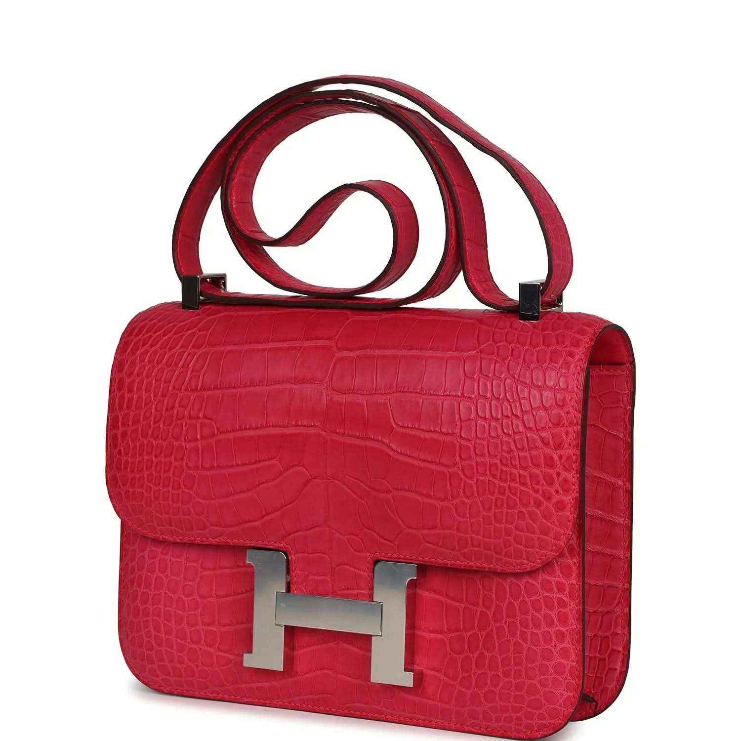Constance bag, red matte alligator, front side view with palladium H clasp