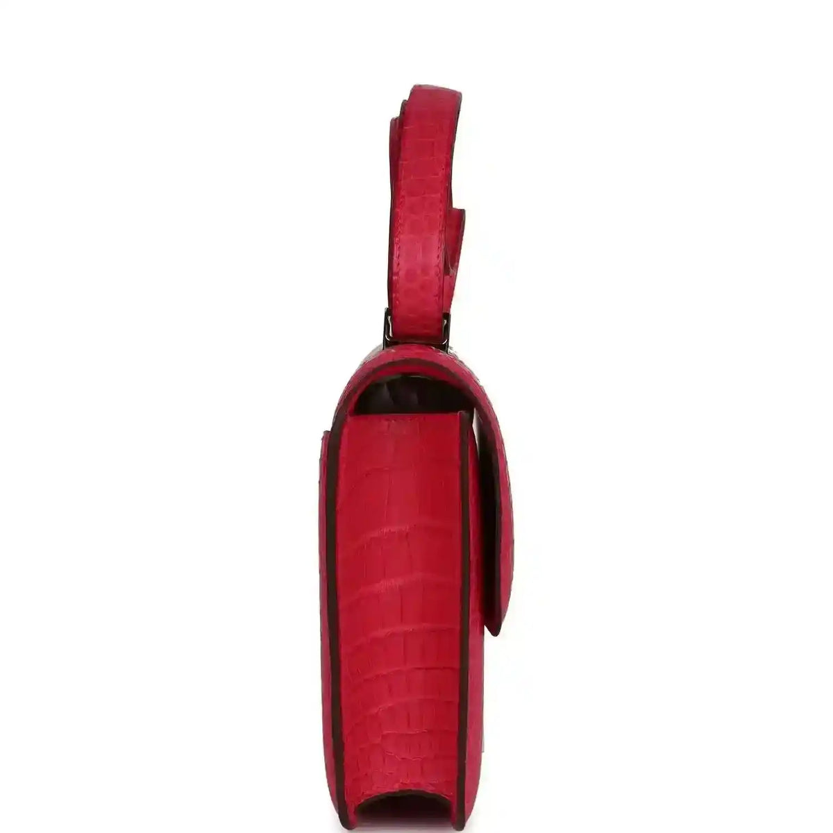 Constance bag, red matte alligator, side view with handle strap and edge stitching