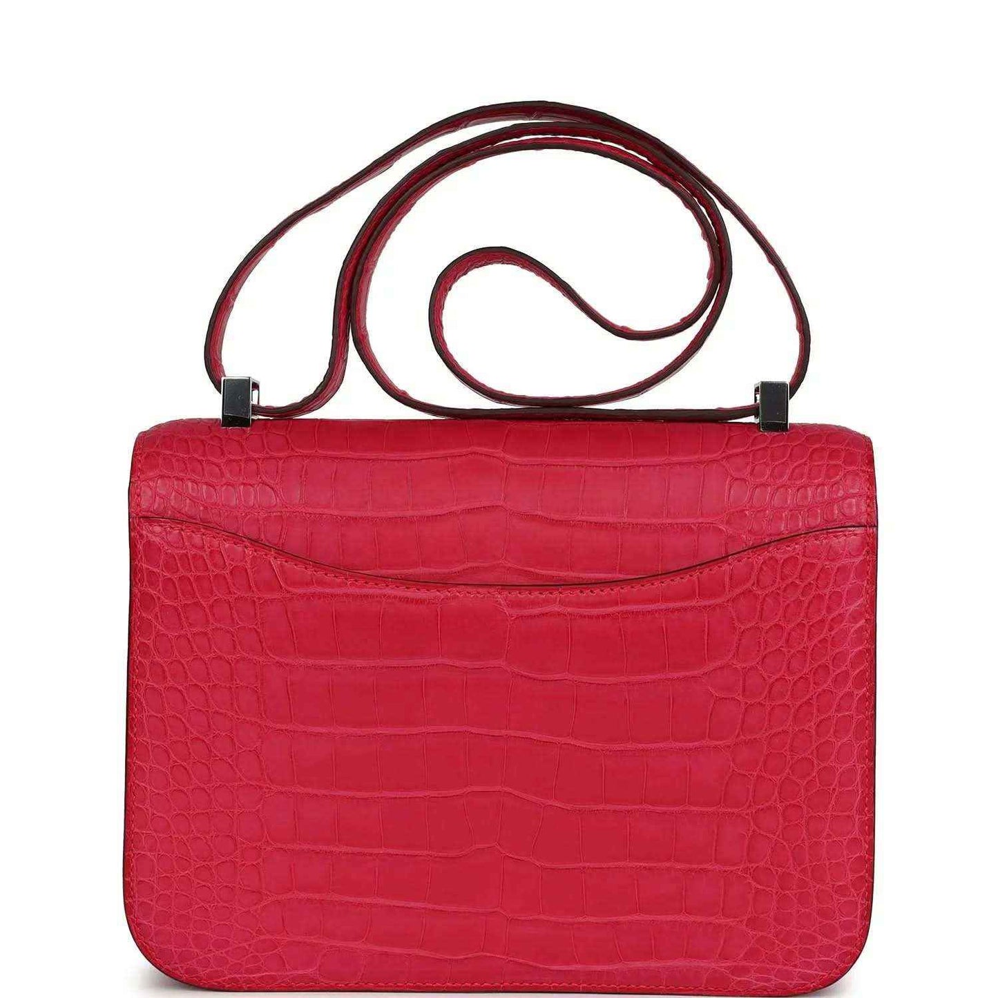 Constance bag, red matte alligator, back view with top handle and smooth flap