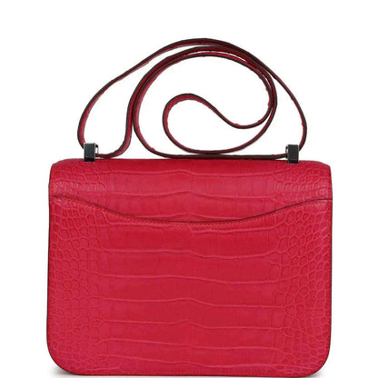 Constance bag, red matte alligator, back view with top handle and smooth flap