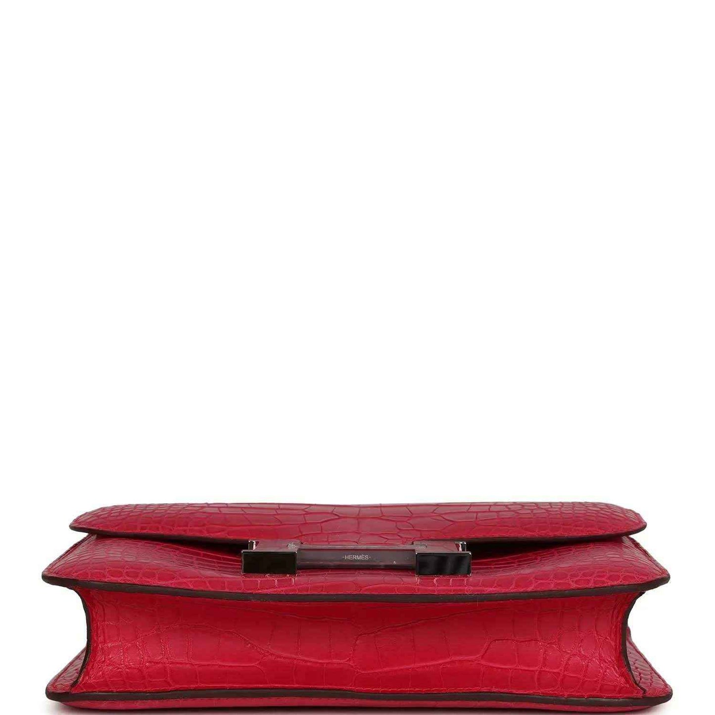 Constance bag, red matte alligator, underside view with flap hardware