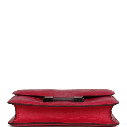 Constance bag, red matte alligator, underside view with flap hardware