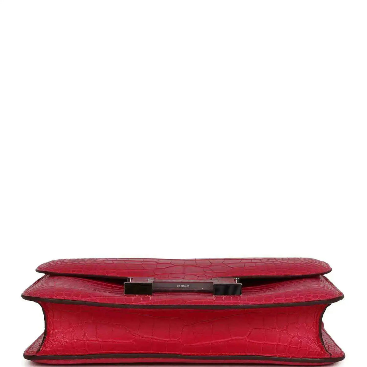 Constance bag, red matte alligator, underside view with flap hardware