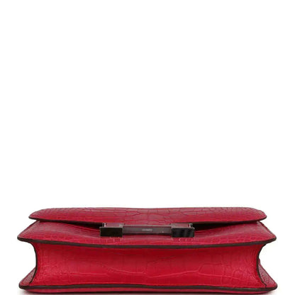 Constance bag, red matte alligator, underside view with flap hardware