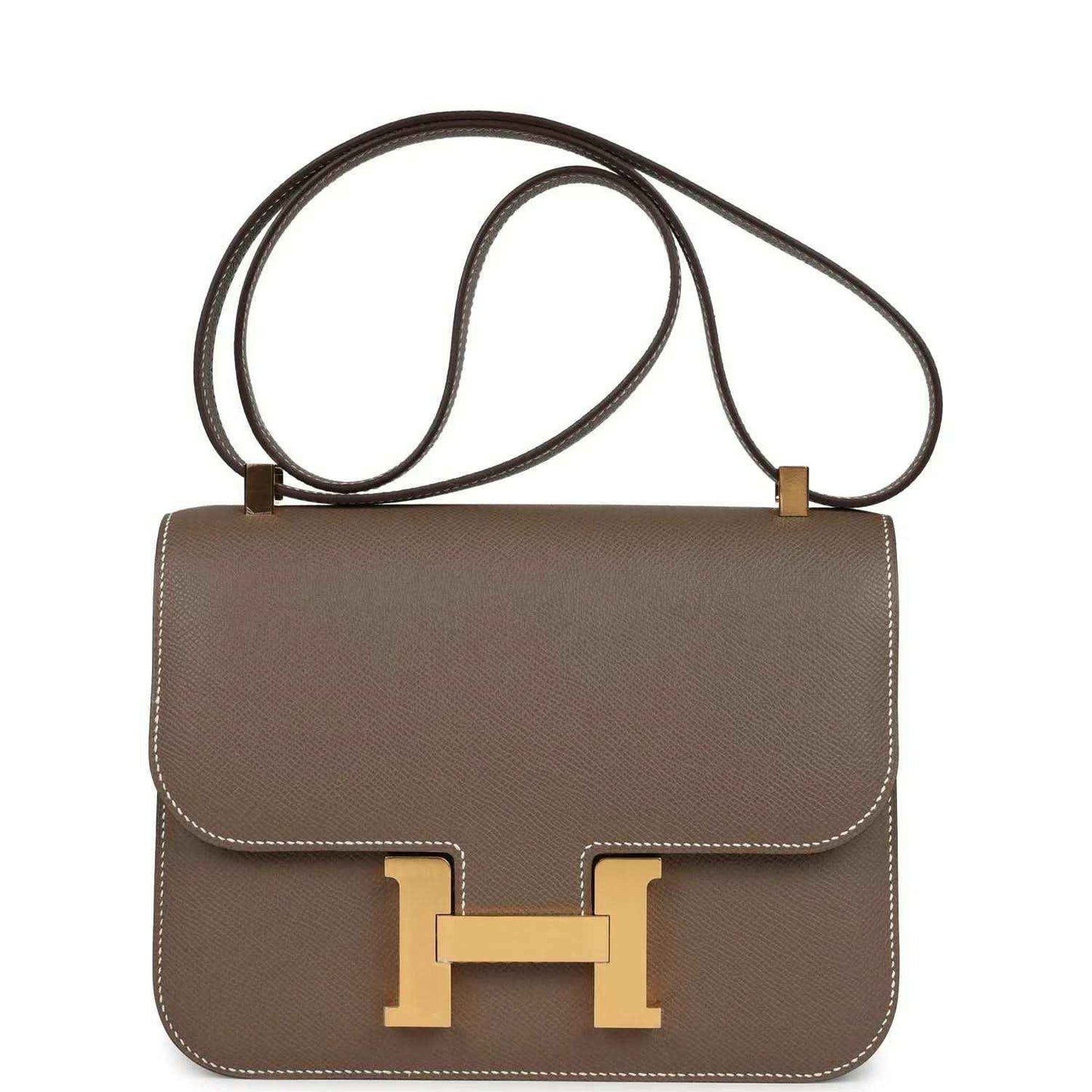 Taupe Epsom leather shoulder bag with gold H clasp and double strap