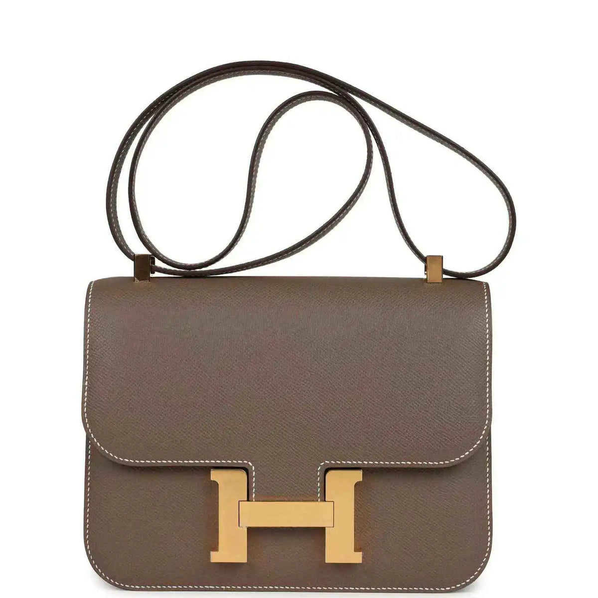 Taupe Epsom leather shoulder bag with gold H clasp and double strap