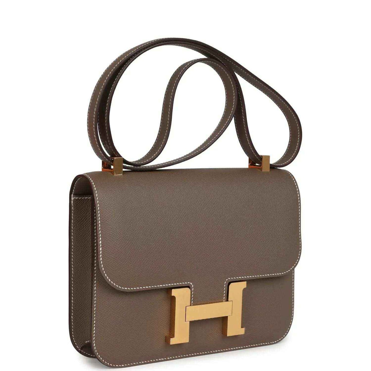 Taupe Epsom leather shoulder bag with flap, gold H clasp, and top handle straps