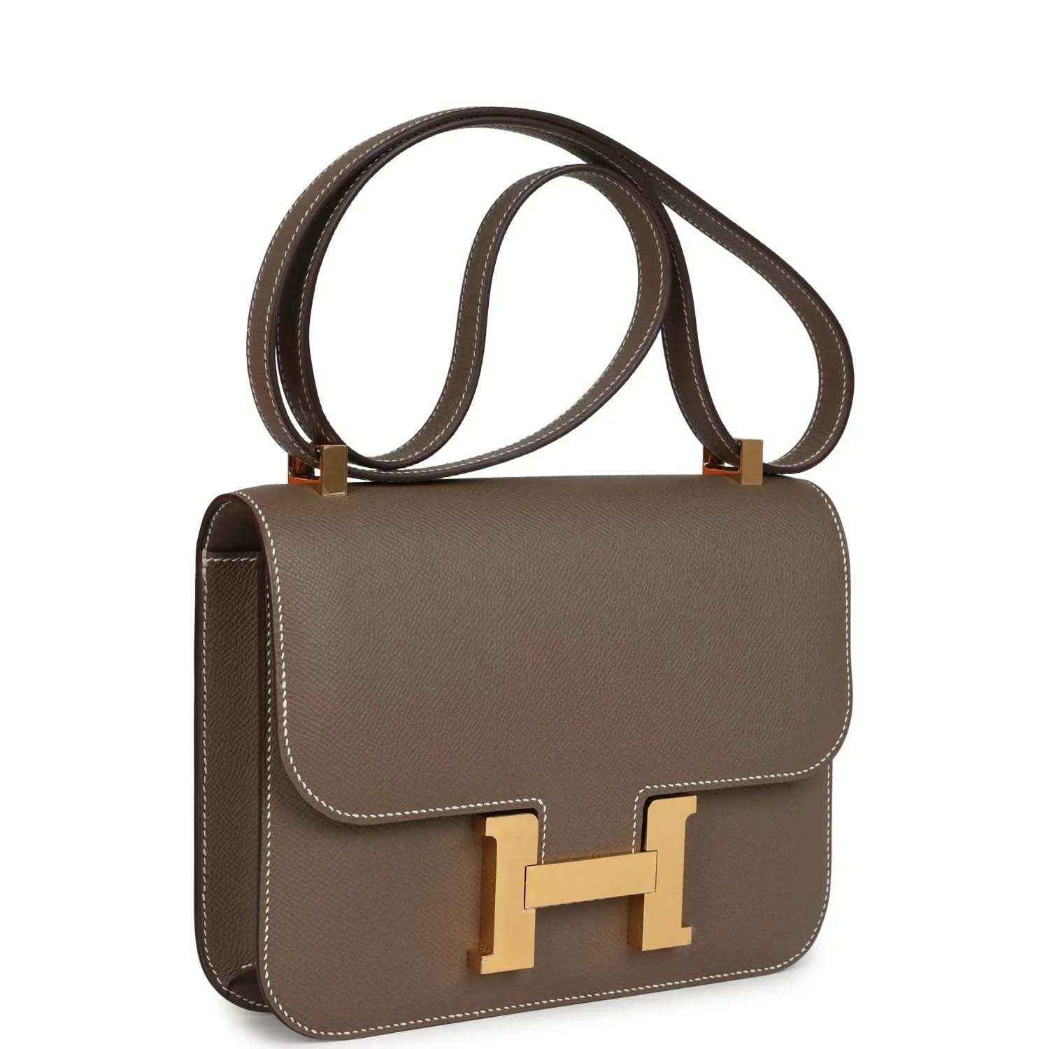 Taupe Epsom leather shoulder bag with flap, gold H clasp, and top handle straps