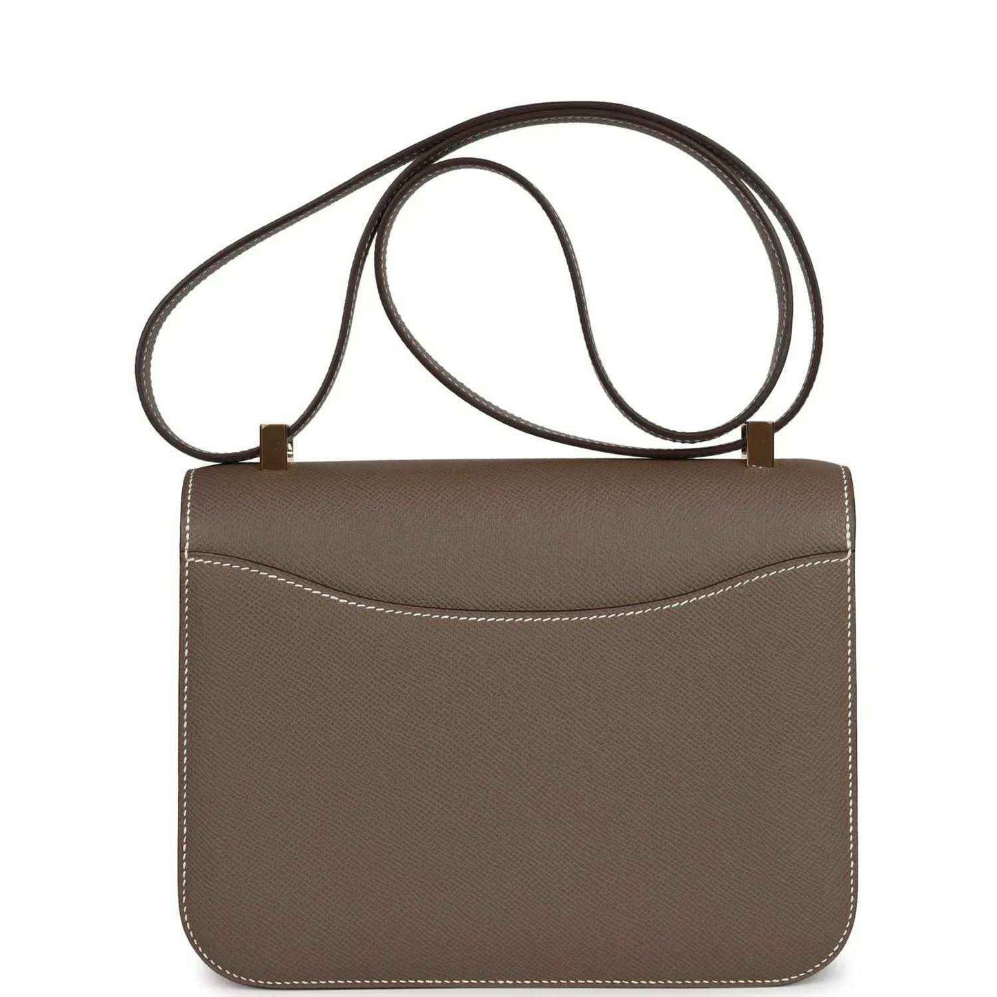 Taupe leather mini shoulder bag with flap, double straps, and stitched trim