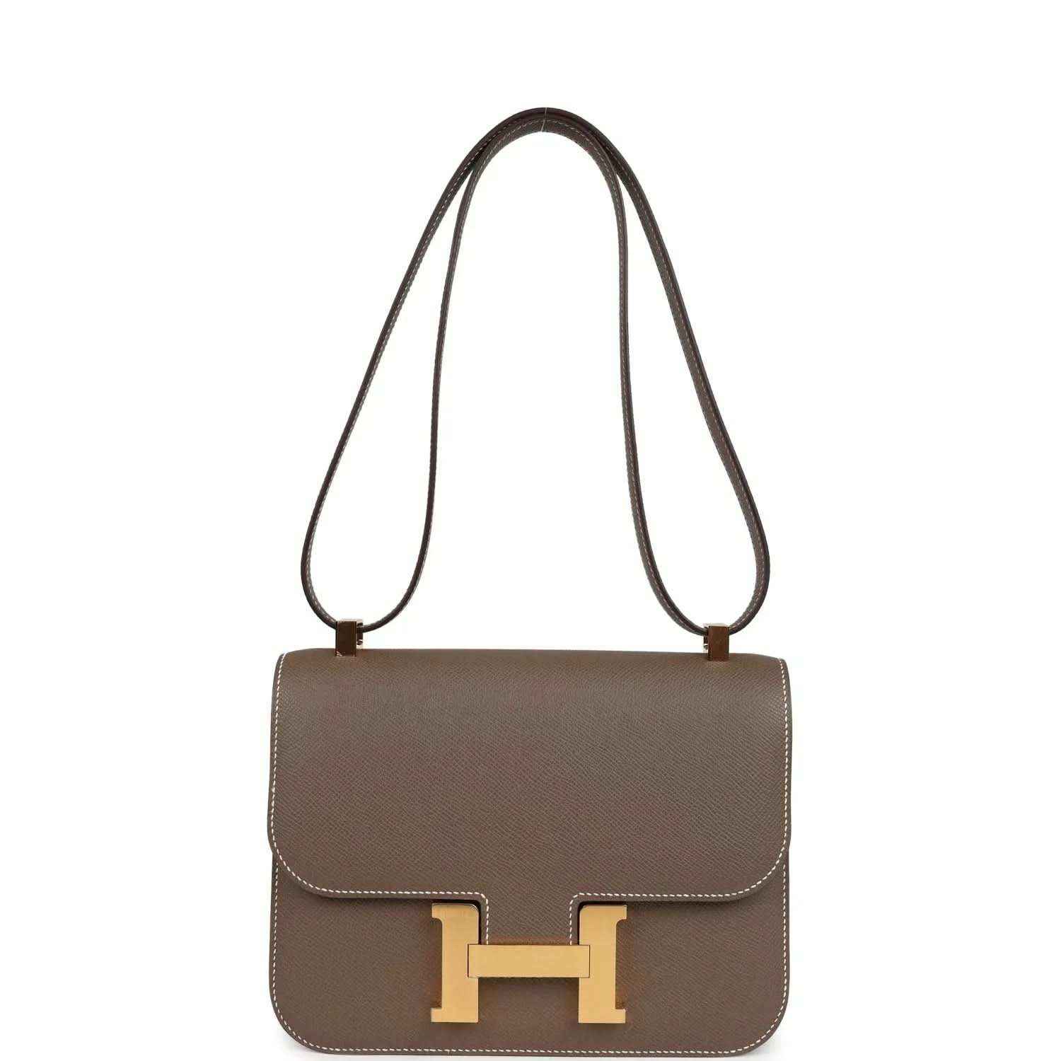 Taupe leather shoulder bag with gold H clasp on front flap and two shoulder straps