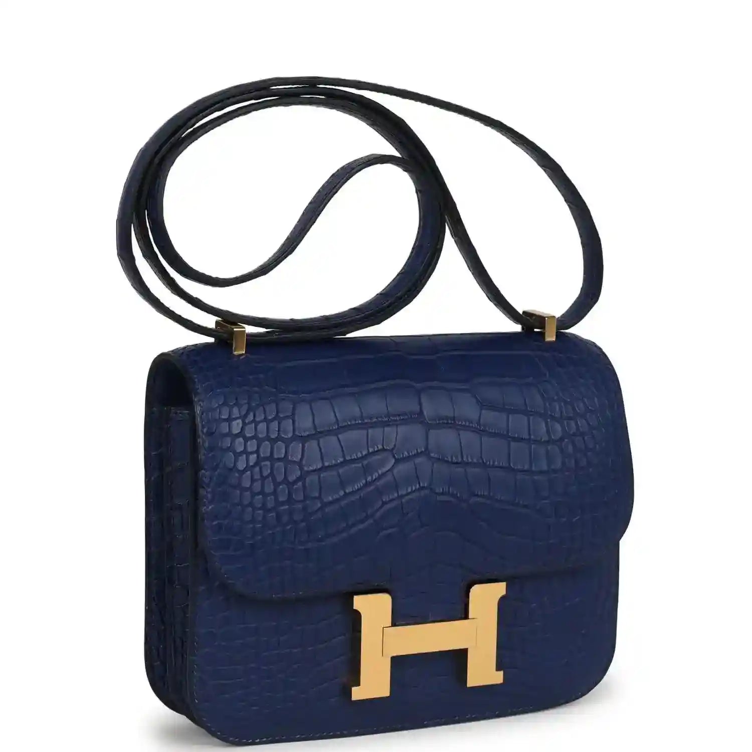 Blue alligator-style flap bag with gold H clasp and top handle strap