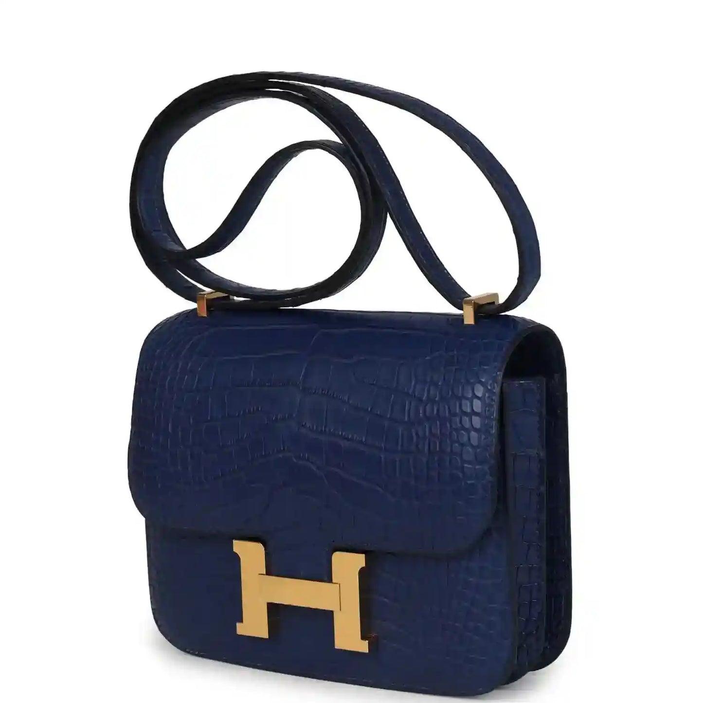 Blue alligator-style shoulder bag with gold H clasp and curved flap