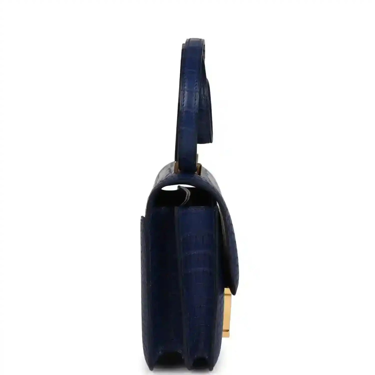 Blue alligator-style bag side view with gold hardware and structured flap