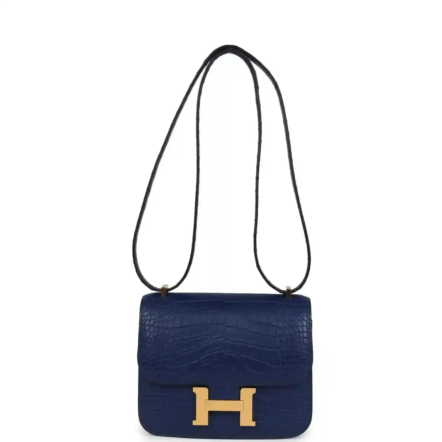 Blue alligator-style mini bag with gold H clasp and long shoulder strap