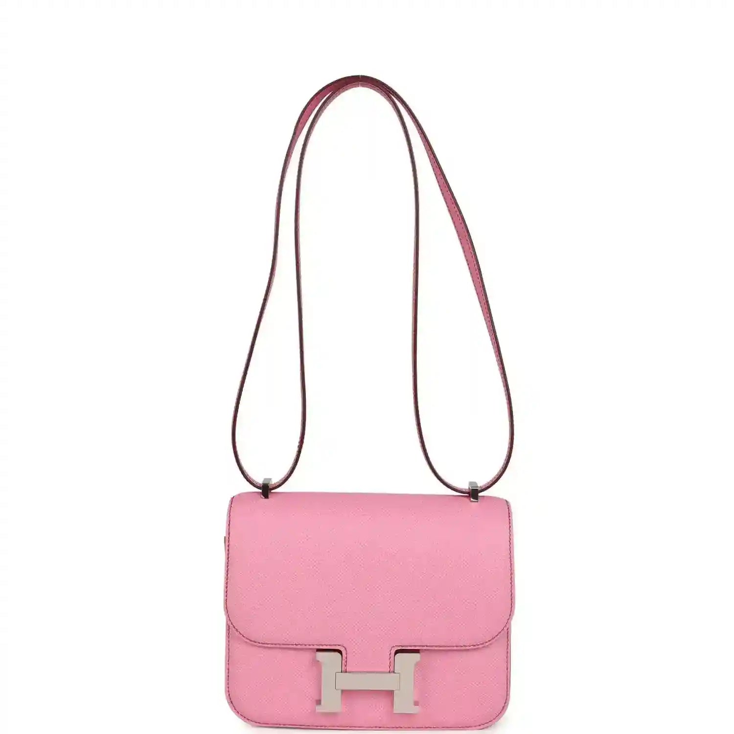 Pink leather crossbody bag with flap and H clasp, long shoulder strap