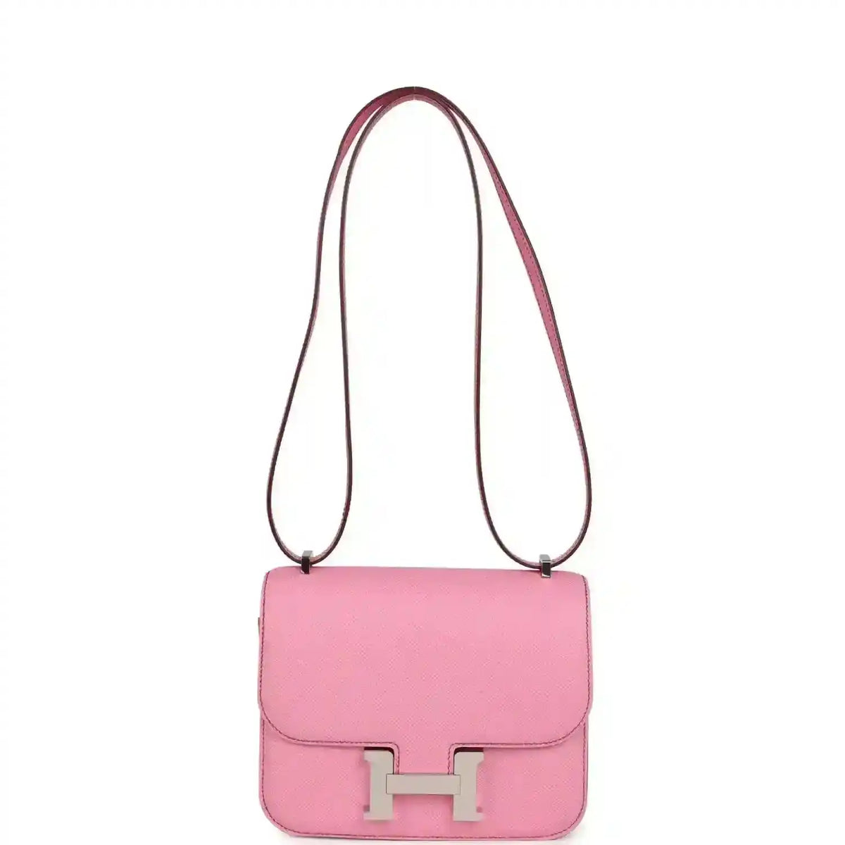 Pink leather crossbody bag with flap and H clasp, long shoulder strap
