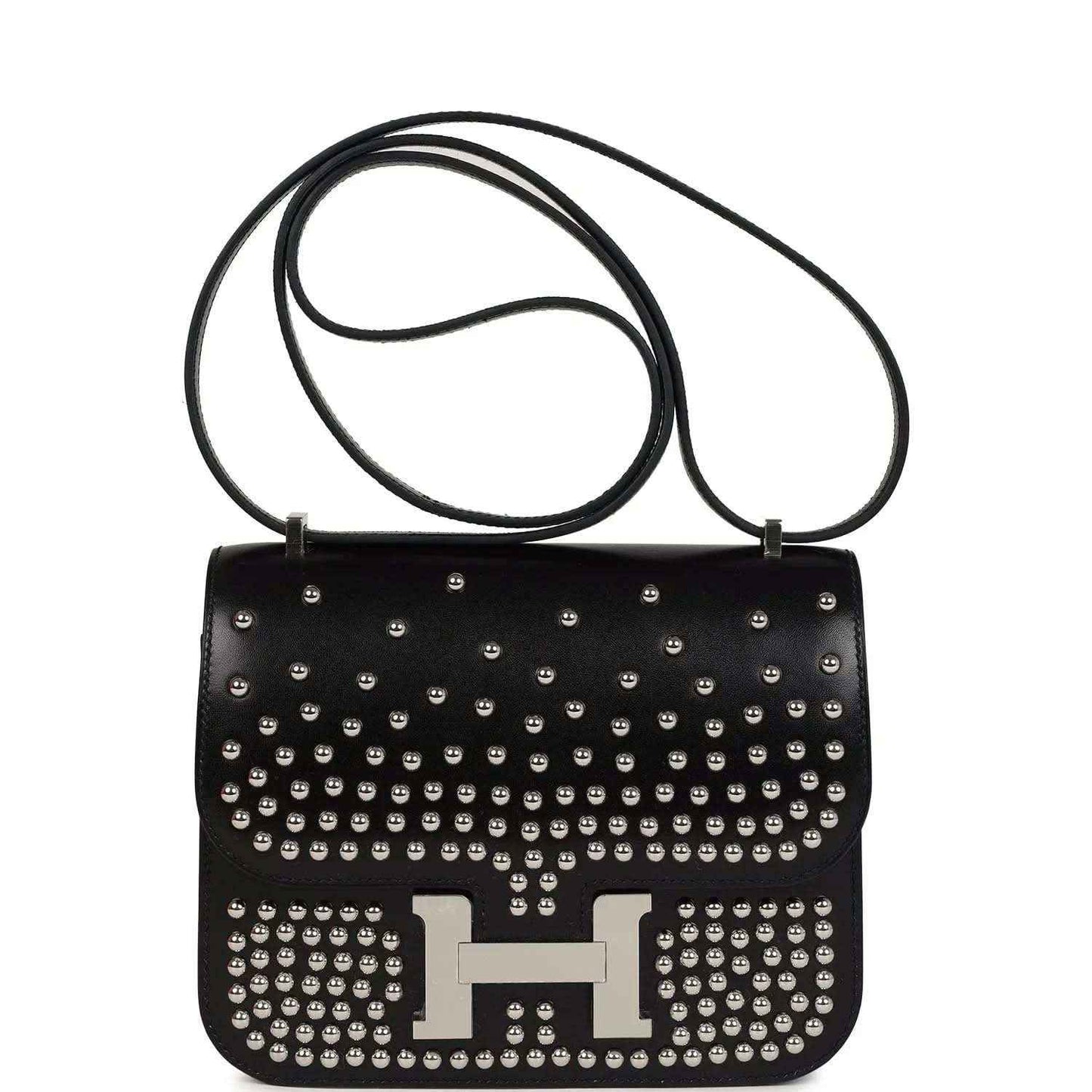 Black studded leather shoulder bag with long strap and metal H clasp