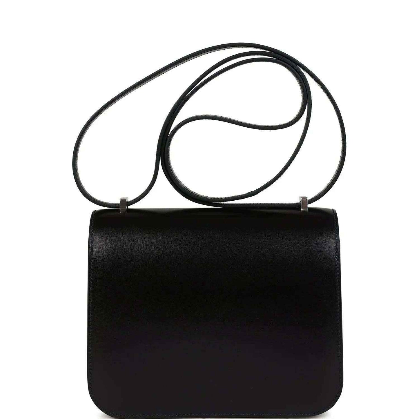 Black leather flap handbag with long shoulder strap and top clasp