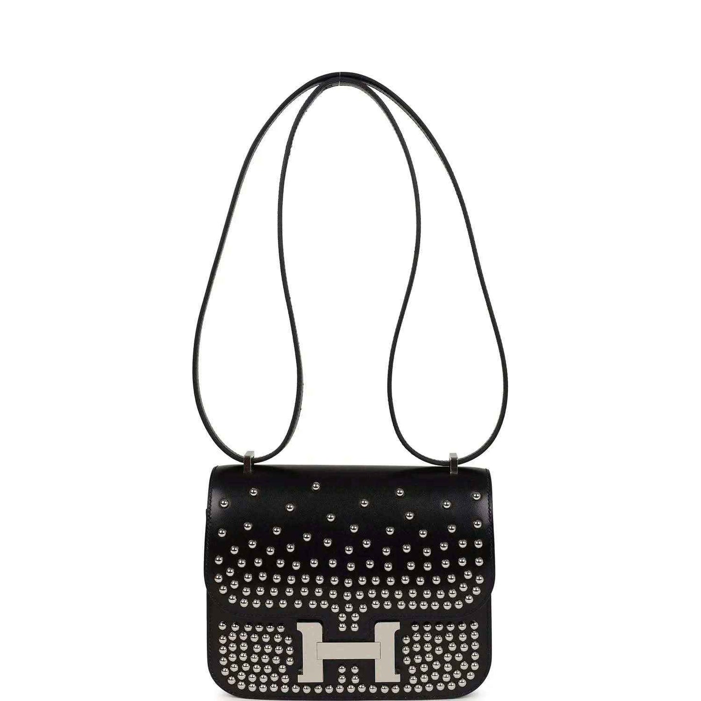 Black studded leather handbag with long shoulder straps and metal H clasp
