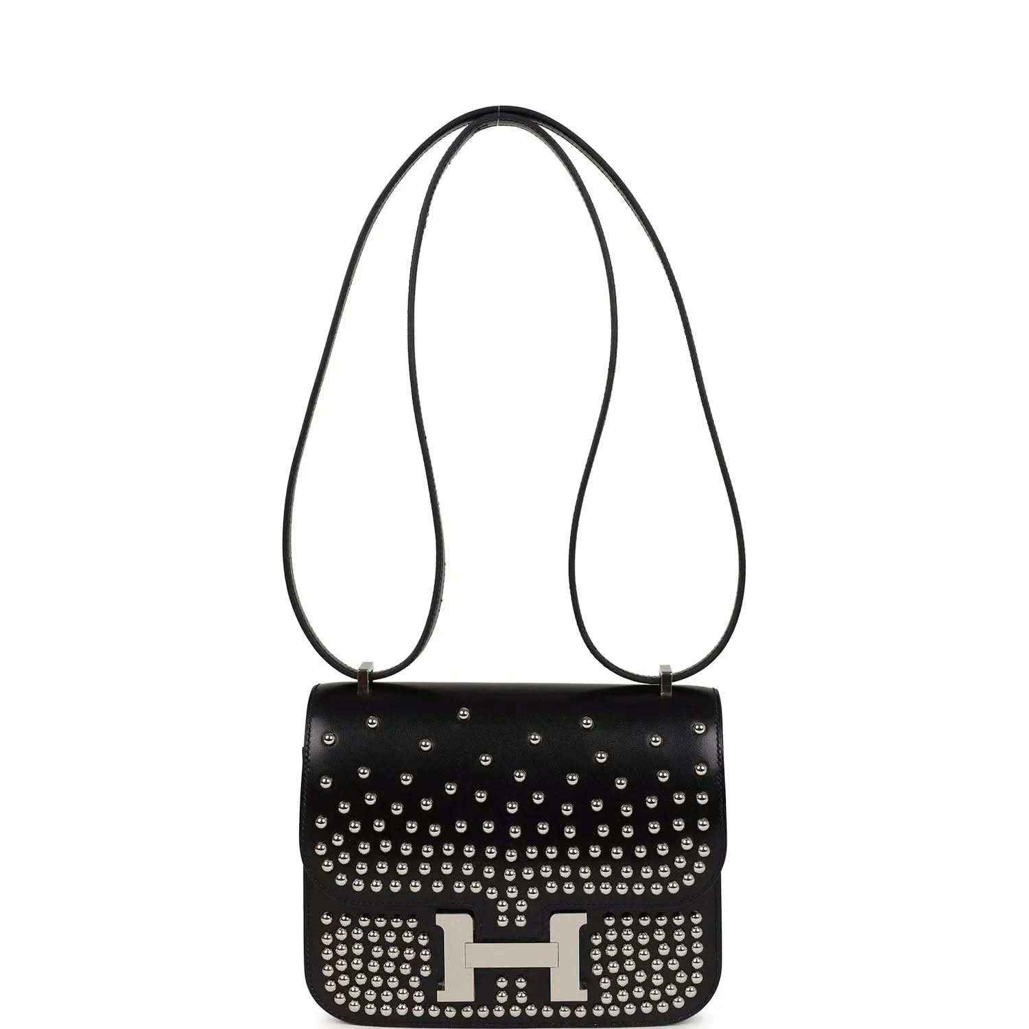 Black studded leather handbag with long shoulder straps and metal H clasp