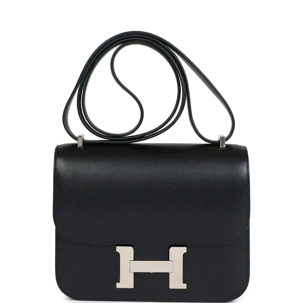 Hermes Constance 18 bag, black leather, Palladium H clasp, top handle crossbody strap
