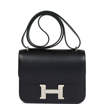 Hermes Constance 18 bag, black leather, Palladium H clasp, top handle crossbody strap