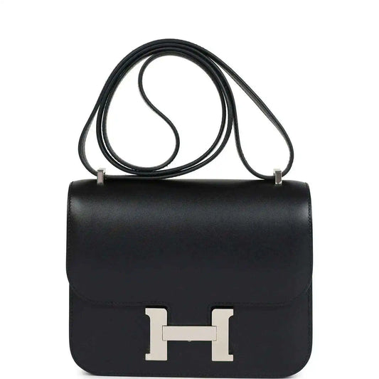 Hermes Constance 18 bag, black leather, Palladium H clasp, top handle crossbody strap