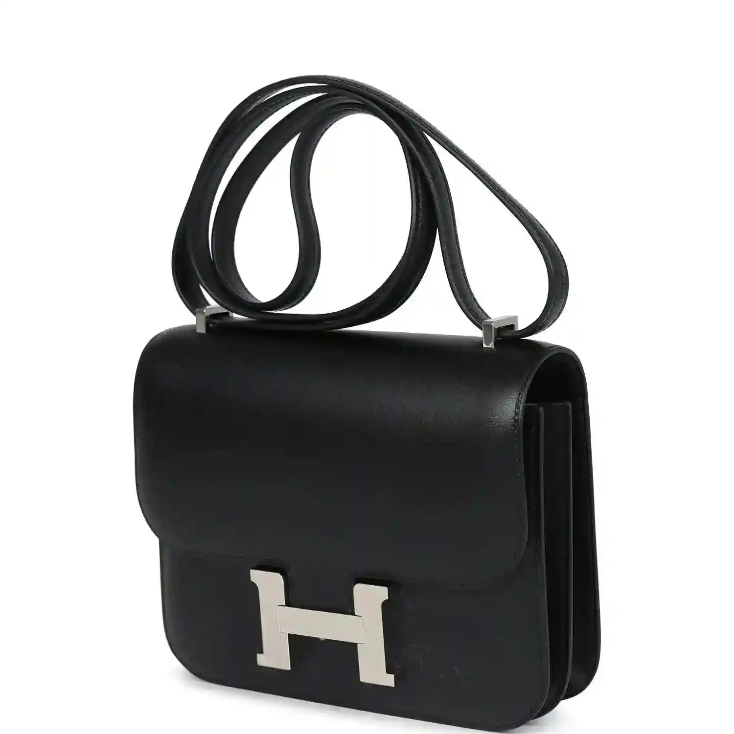 Hermes Constance 18 bag, black leather flap with Palladium H clasp and shoulder strap