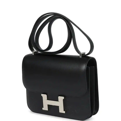 Hermes Constance 18 bag, black leather flap with Palladium H clasp and shoulder strap