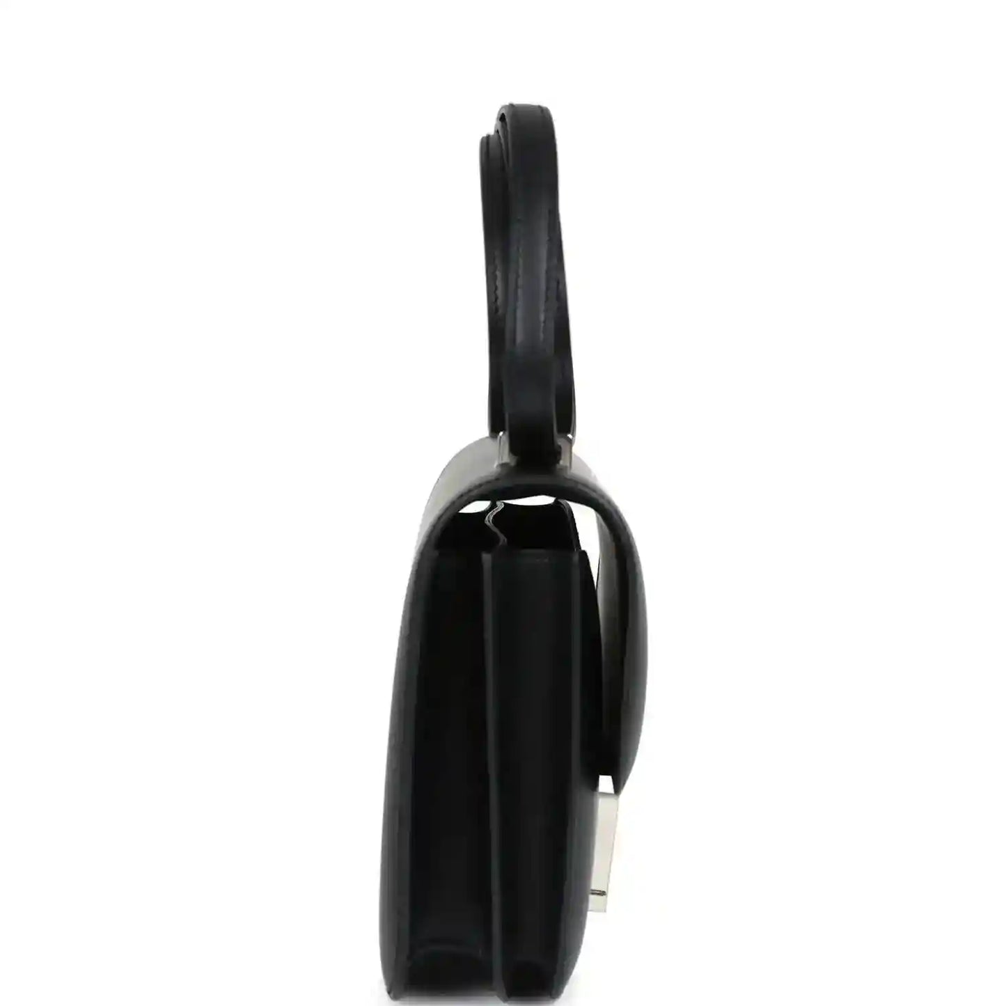 Hermes Constance 18 bag, black leather side view with strap and Palladium H hardware