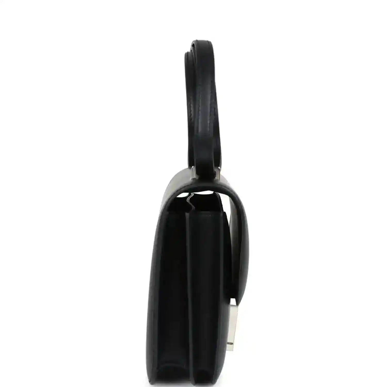 Hermes Constance 18 bag, black leather side view with strap and Palladium H hardware