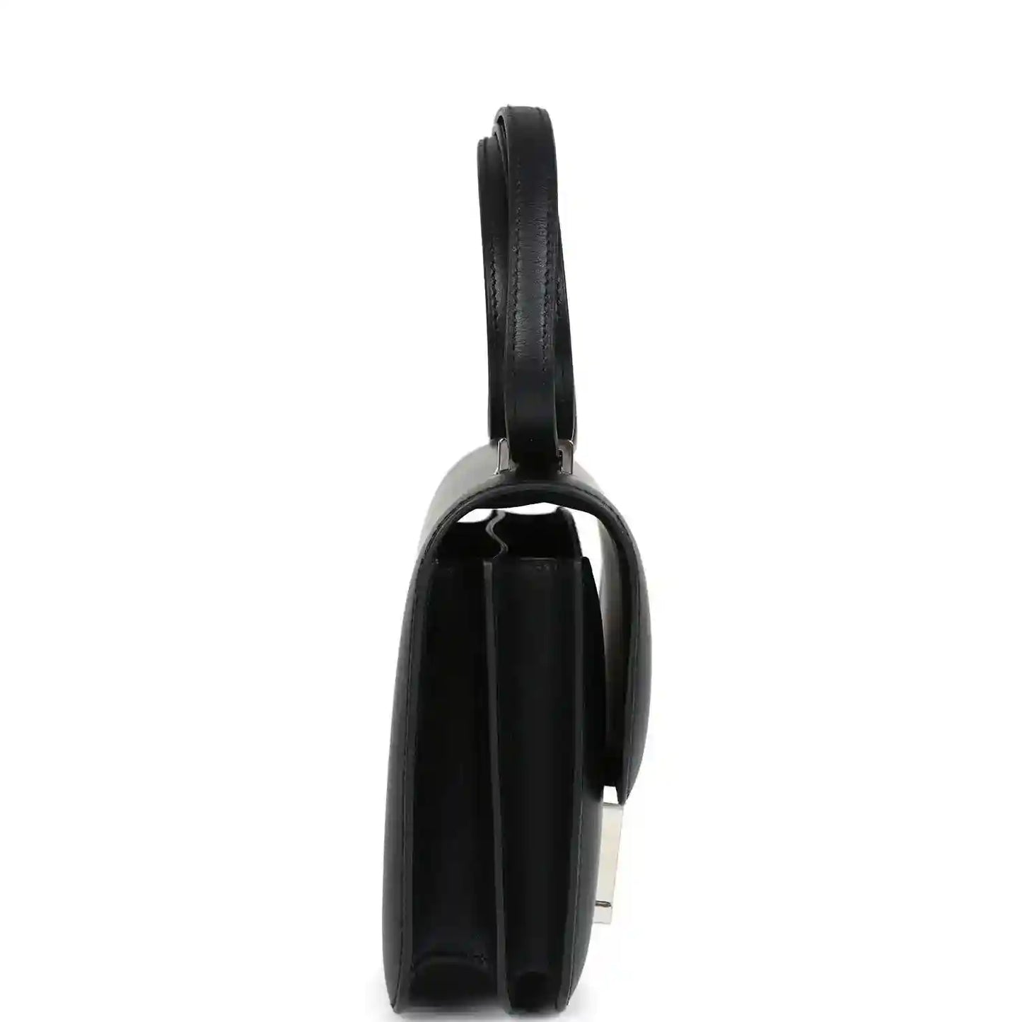 Hermes Constance 18 bag, black leather end view with strap and Palladium H hardware
